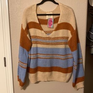 NWT Fantastic Fawn Striped Sweater - Tan & Blue Medium